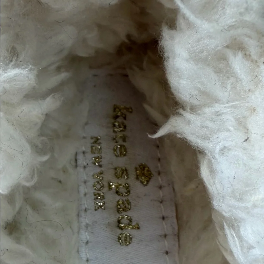 Kate Spade Owl Slippers Women Size 6 Gray Cream Faux Fur Sherpa Lined Whimsical